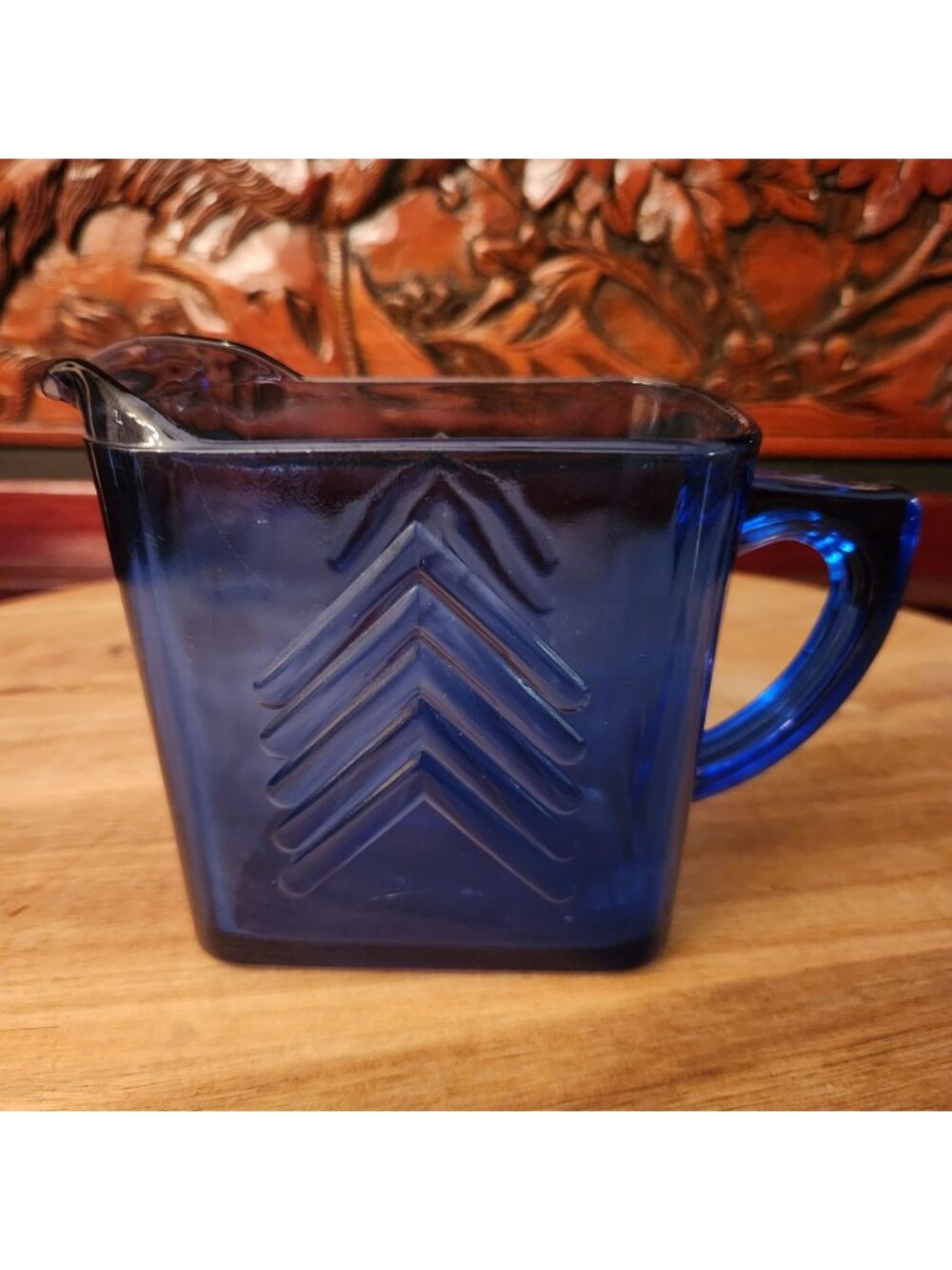 Vintage Cobalt Blue Glass Creamer With Chevron Pattern Square Shape And Handle